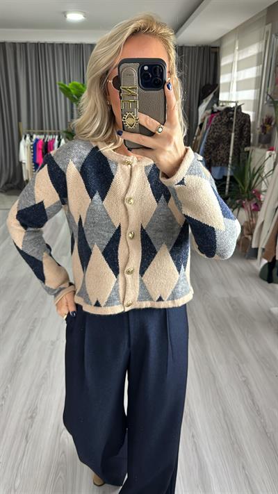 GRİ BEJ, BAKLAVA DESENLİ, TRİKO HIRKA