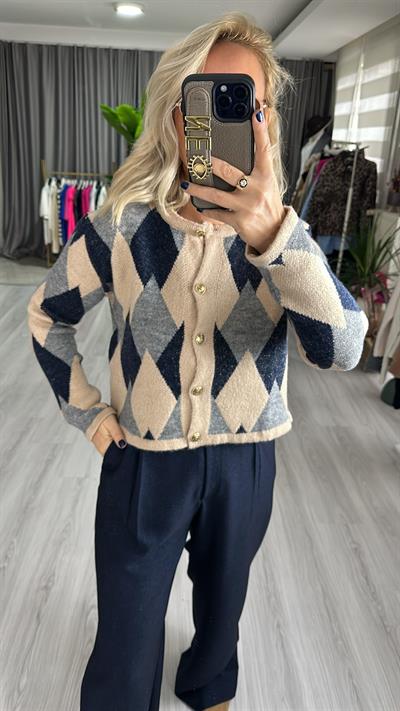 GRİ BEJ, BAKLAVA DESENLİ, TRİKO HIRKA