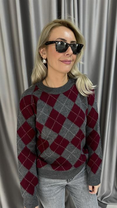 Gri Bordo Baklava Desen Triko Kazak