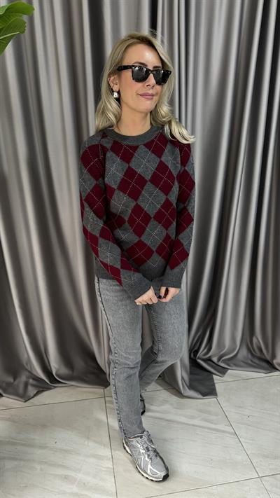 Gri Bordo Baklava Desen Triko Kazak