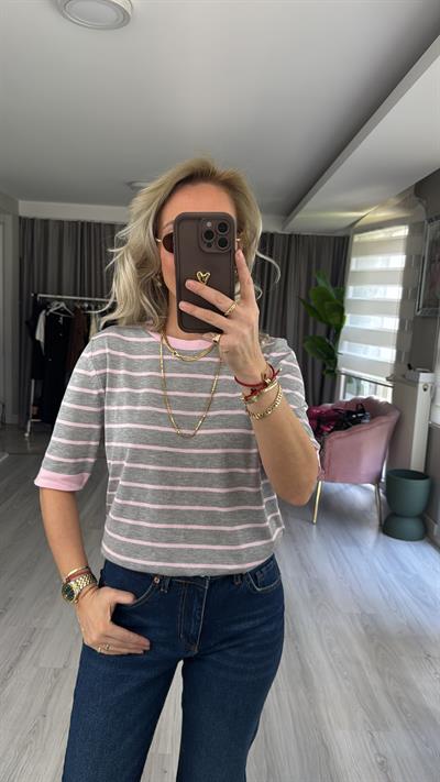 Gri Pembe Çizgili Tiril Dokuda Merserize Triko