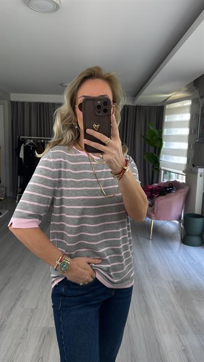 Gri Pembe Çizgili Tiril Dokuda Merserize Triko