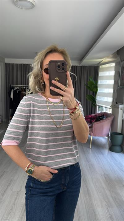 Gri Pembe Çizgili Tiril Dokuda Merserize Triko