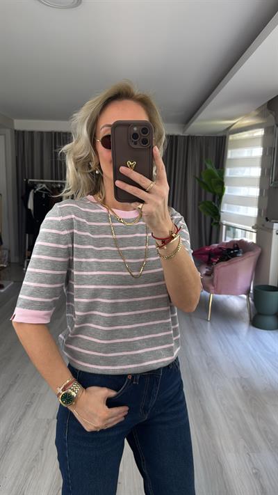 Gri Pembe Çizgili Tiril Dokuda Merserize Triko