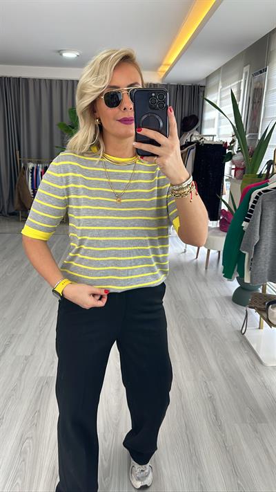 GRİ SARI ÇİZGİLİ MERSERİZE TRİKO