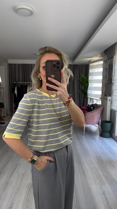 Gri Sarı Çizgili Tiril Dokuda Merserize Triko