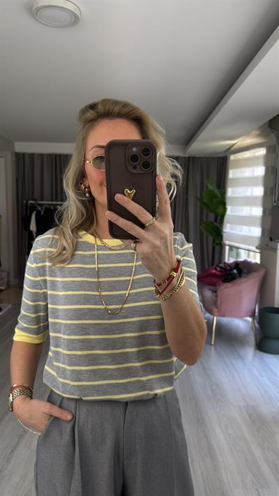 Gri Sarı Çizgili Tiril Dokuda Merserize Triko