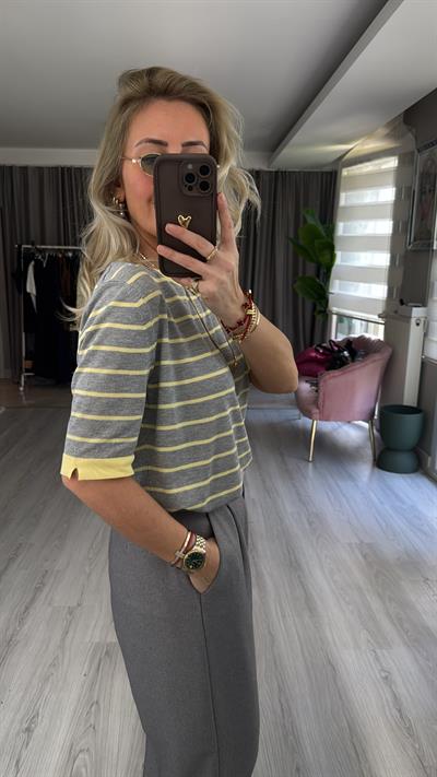 Gri Sarı Çizgili Tiril Dokuda Merserize Triko