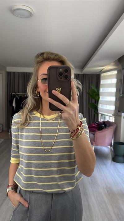 Gri Sarı Çizgili Tiril Dokuda Merserize Triko