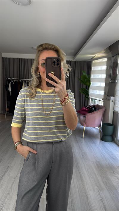 Gri Sarı Çizgili Tiril Dokuda Merserize Triko