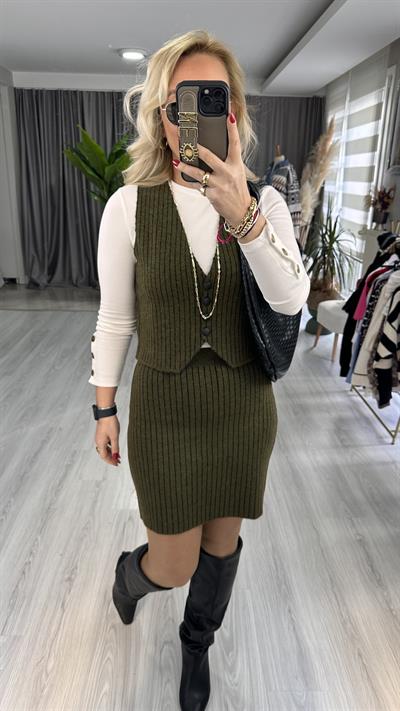 HAKİ SİYAH ÇİZGİLİ YELEKLİ TAKIM