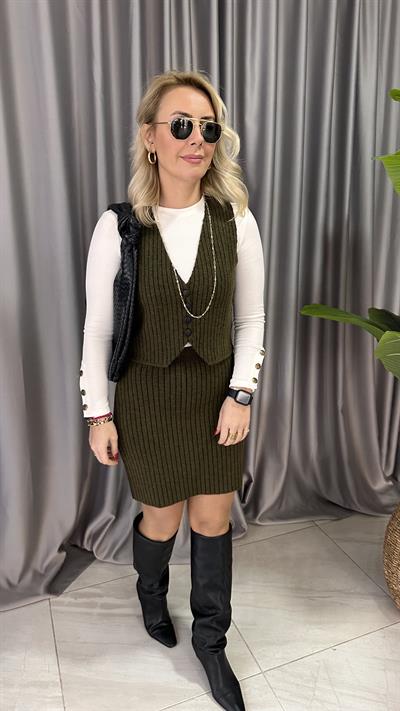 HAKİ SİYAH ÇİZGİLİ YELEKLİ TAKIM