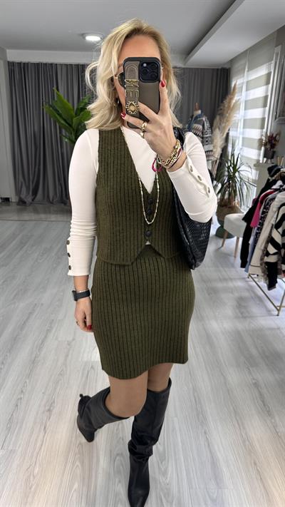 HAKİ SİYAH ÇİZGİLİ YELEKLİ TAKIM