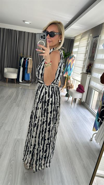 HALTER YAKA MAXİ BOY DESENLİ ELBİSE