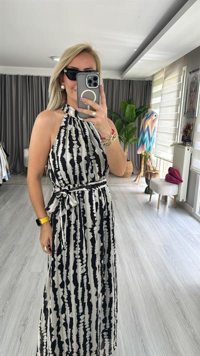 HALTER YAKA MAXİ BOY DESENLİ ELBİSE