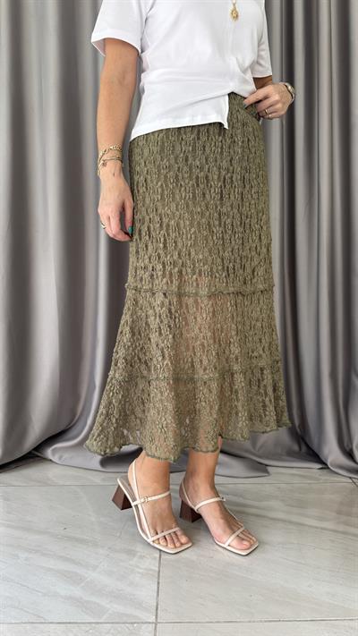 İçi Astarlı Likralı Haki Dantel Etek
