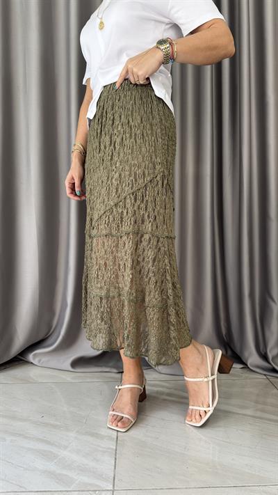 İçi Astarlı Likralı Haki Dantel Etek