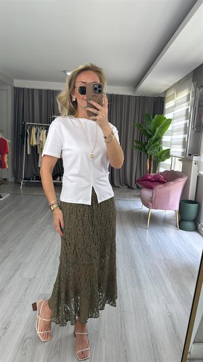 İçi Astarlı Likralı Haki Dantel Etek