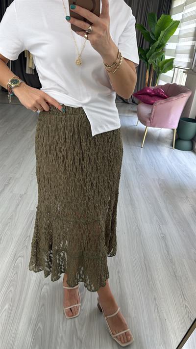 İçi Astarlı Likralı Haki Dantel Etek