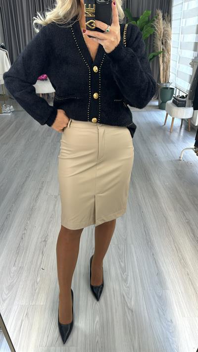 İçi Süet, Önden Yırtmaçlı Bej Deri Etek