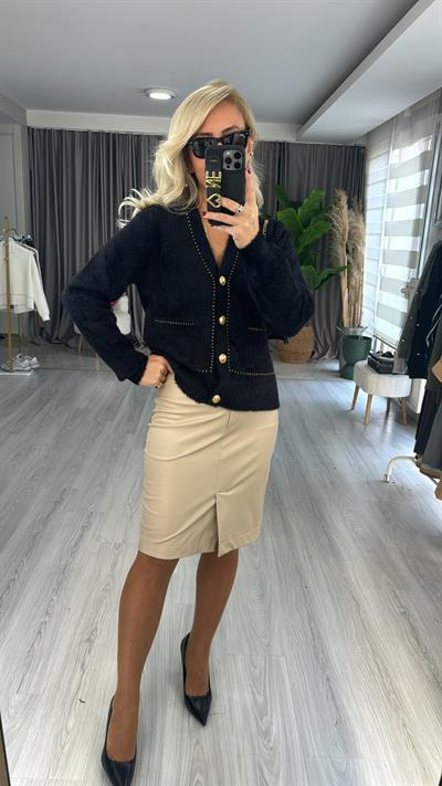 İçi Süet, Önden Yırtmaçlı Bej Deri Etek