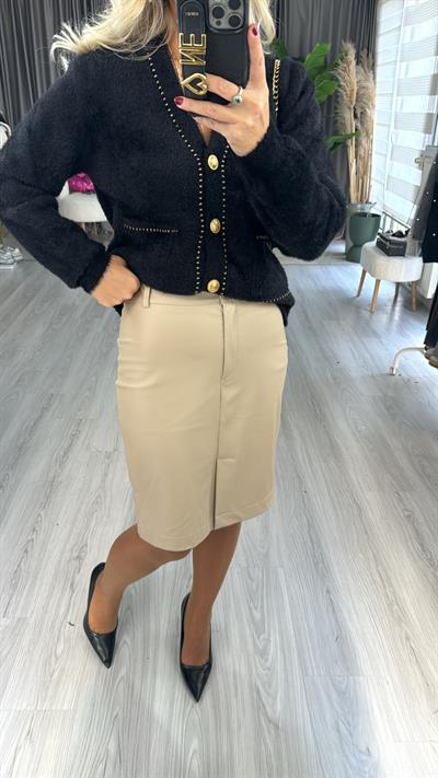 İçi Süet, Önden Yırtmaçlı Bej Deri Etek