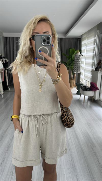 İKİLİ KETEN BEJ TAKIM