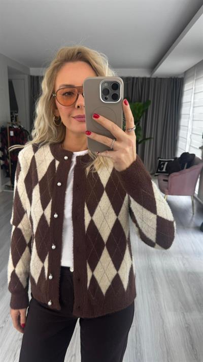 İnci Düğmeli Baklava Desen Ekru Kahve Parıltılı Triko