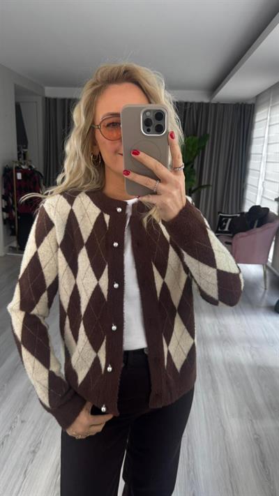 İnci Düğmeli Baklava Desen Ekru Kahve Parıltılı Triko