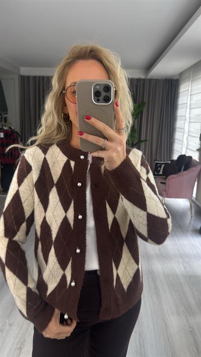 İnci Düğmeli Baklava Desen Ekru Kahve Parıltılı Triko