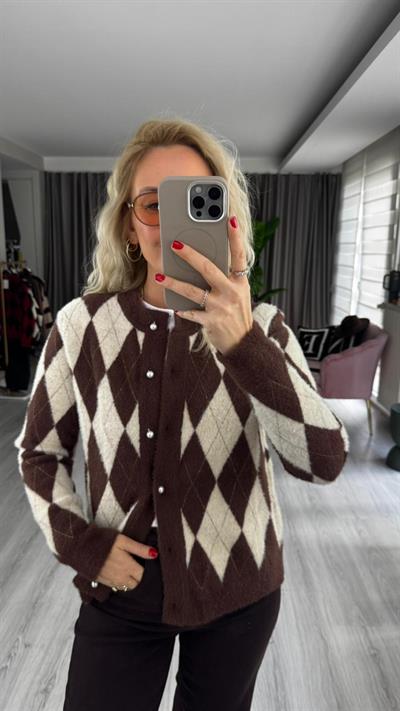 İnci Düğmeli Baklava Desen Ekru Kahve Parıltılı Triko