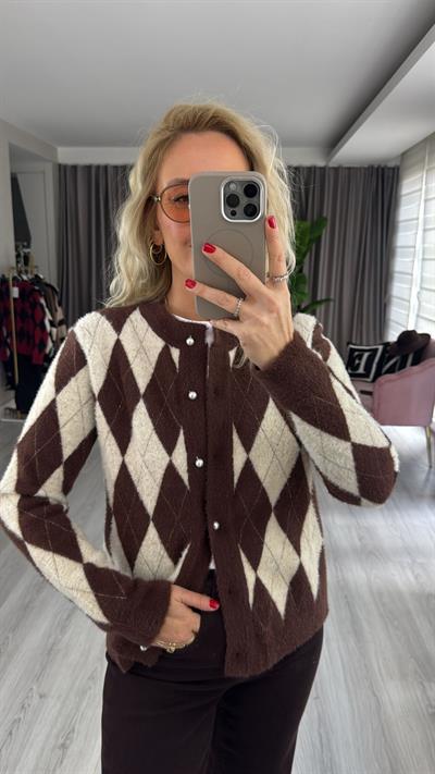 İnci Düğmeli Baklava Desen Ekru Kahve Parıltılı Triko