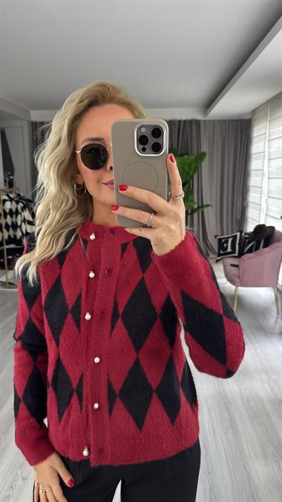 İnci Düğmeli Baklava Desen Siyah Bordo Parıltılı Triko