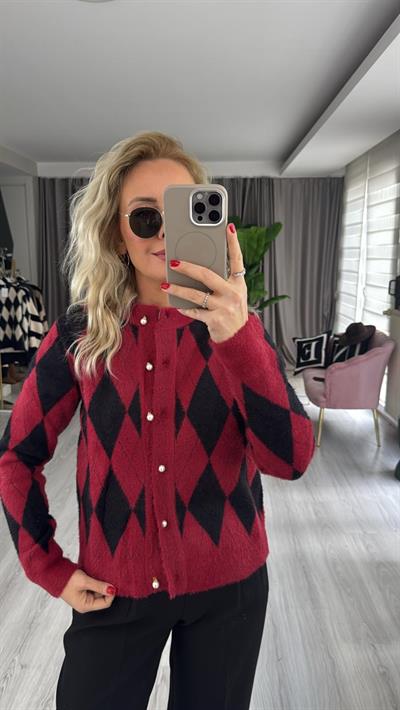 İnci Düğmeli Baklava Desen Siyah Bordo Parıltılı Triko