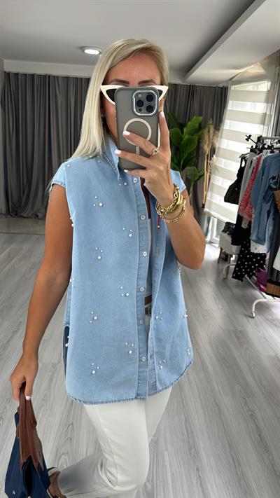 İnci İşlemeli, Denim Gömlek