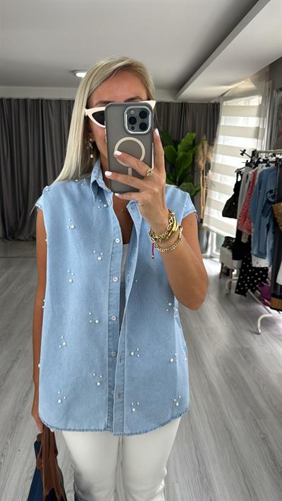 İnci İşlemeli, Denim Gömlek