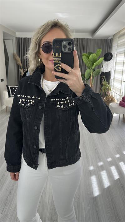 İNCİ İŞLEMELİ SİYAH KOT CEKET