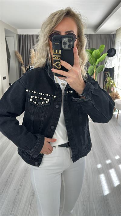 İNCİ İŞLEMELİ SİYAH KOT CEKET