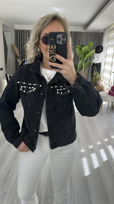 İNCİ İŞLEMELİ SİYAH KOT CEKET