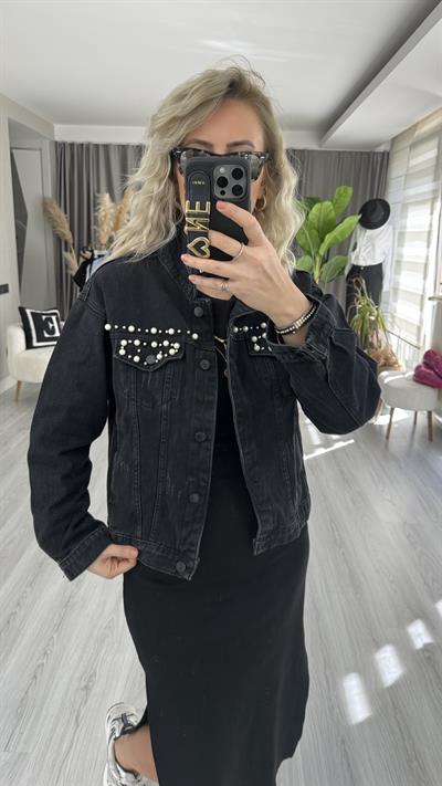 İNCİ İŞLEMELİ SİYAH KOT CEKET