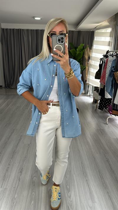 İnci İşlemeli, Uzun Kol Denim Gömlek