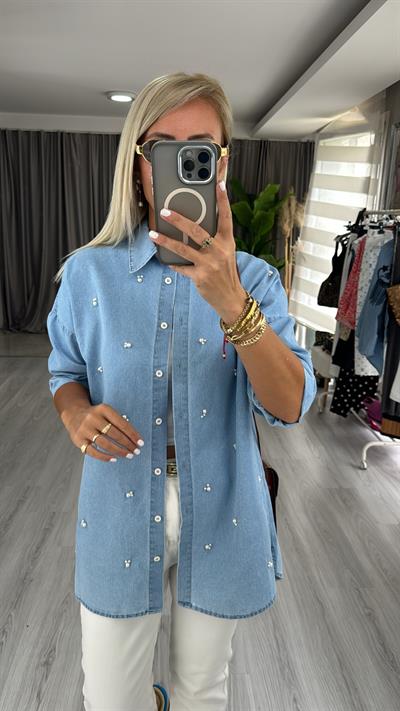 İnci İşlemeli, Uzun Kol Denim Gömlek
