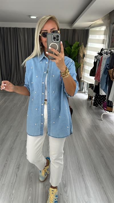 İnci İşlemeli, Uzun Kol Denim Gömlek