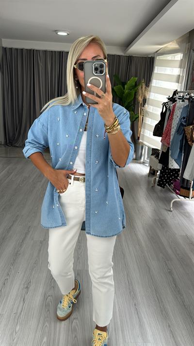 İnci İşlemeli, Uzun Kol Denim Gömlek