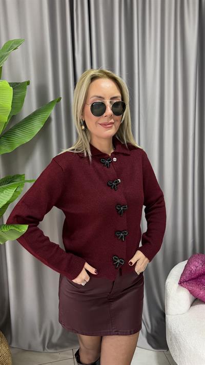 İncili Fiyonk Aksesuarlı Bordo Triko Hırka  