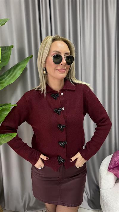 İncili Fiyonk Aksesuarlı Bordo Triko Hırka  