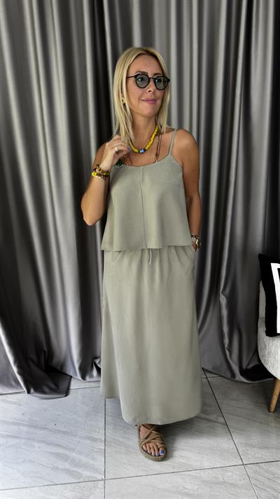 İp Askılı Büstiyer Etek Çağla Yeşili Tencel Takım