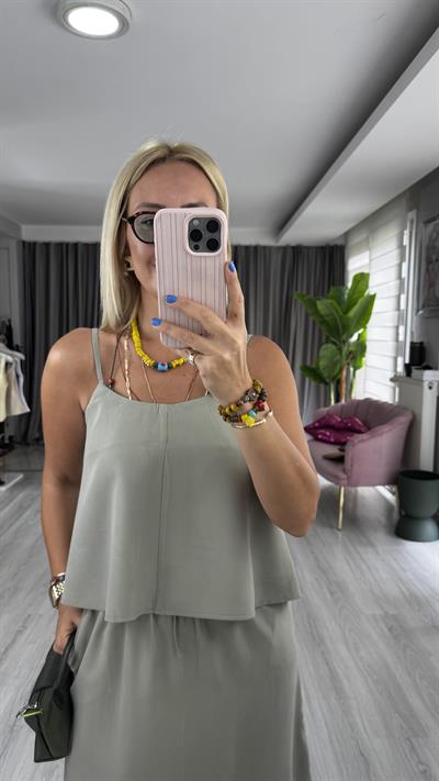 İp Askılı Büstiyer Etek Çağla Yeşili Tencel Takım