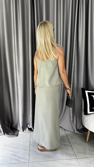 İp Askılı Büstiyer Etek Çağla Yeşili Tencel Takım