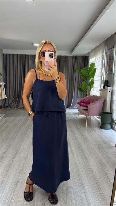 İp Askılı Büstiyer Etek Lacivert Tencel Takım